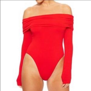 Naked wardrobe red off the shoulder bodysuit